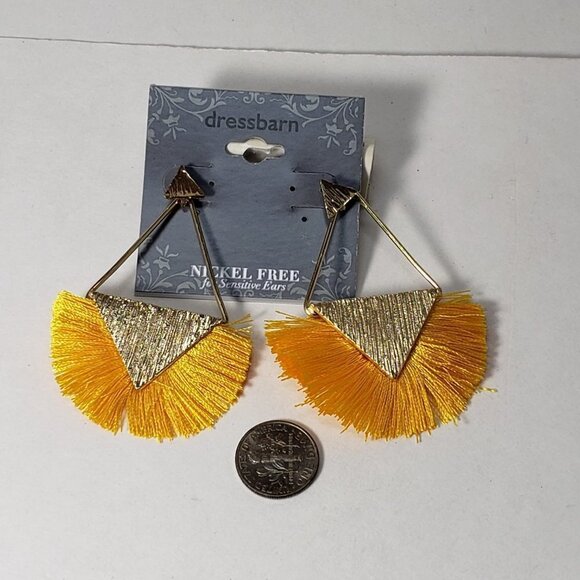 Gold Triangle Yellow Fringed Tassel Post Drop Earrings - 2.5" Women's Jewelry - Picture 7 of 9